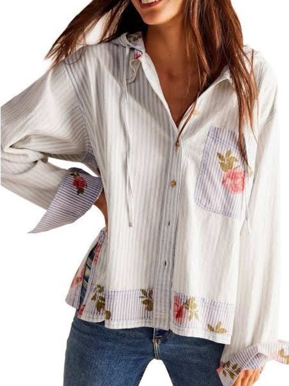 NWT We The Free about to slide striped floral hoodie shirt - Lt Blue colorway